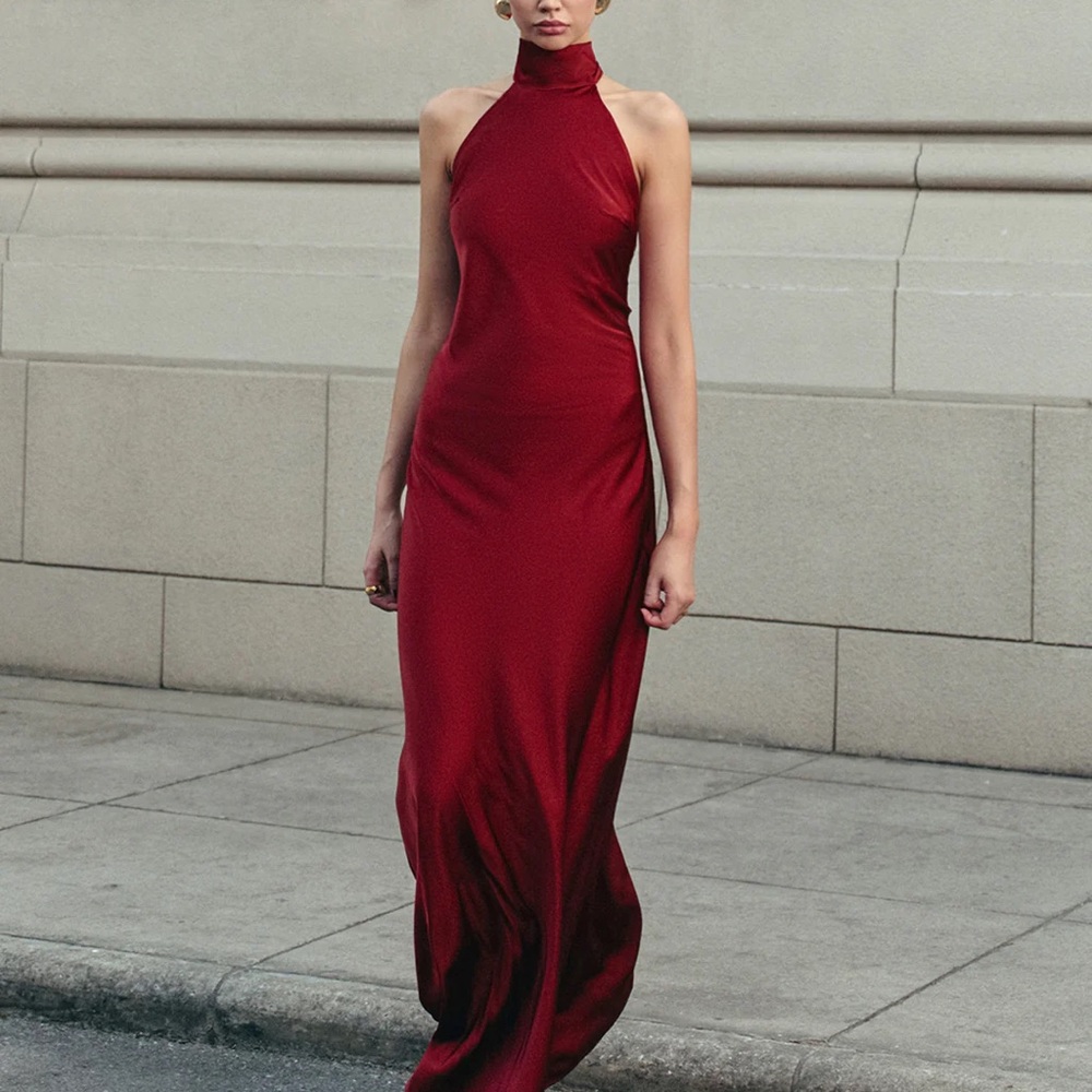Commense Burgundy Small
Open Back Satin Halter Dress NWT$39 - Picture 3 of 8